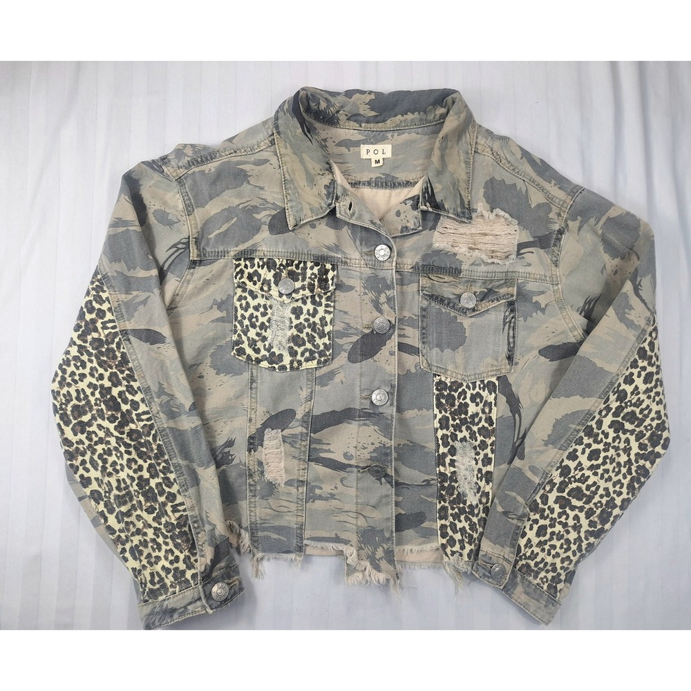 POL Womens Camo Leopard Print Distressed Denim Jacket Gray Size Medium - Picture 2 of 7